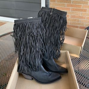 Liberty Black tall leather fringed boots - size 8 - Never worn